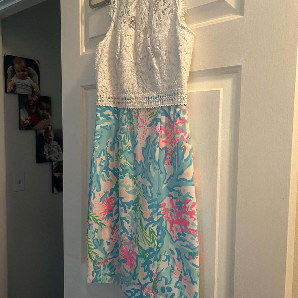 White Lace Top with Colorful Floral Skirt Dress